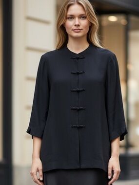 LAUREN RALPH LAUREN Black Silk Mandarin Tunic Frog Button Jacket - Large